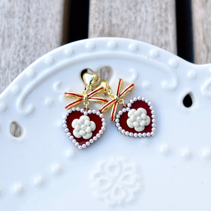 Red Heart White Camellia Earrings