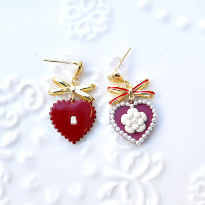 Red Heart White Camellia Earrings
