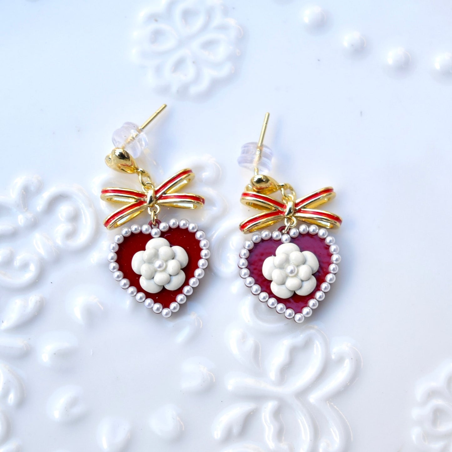 Red Heart White Camellia Earrings