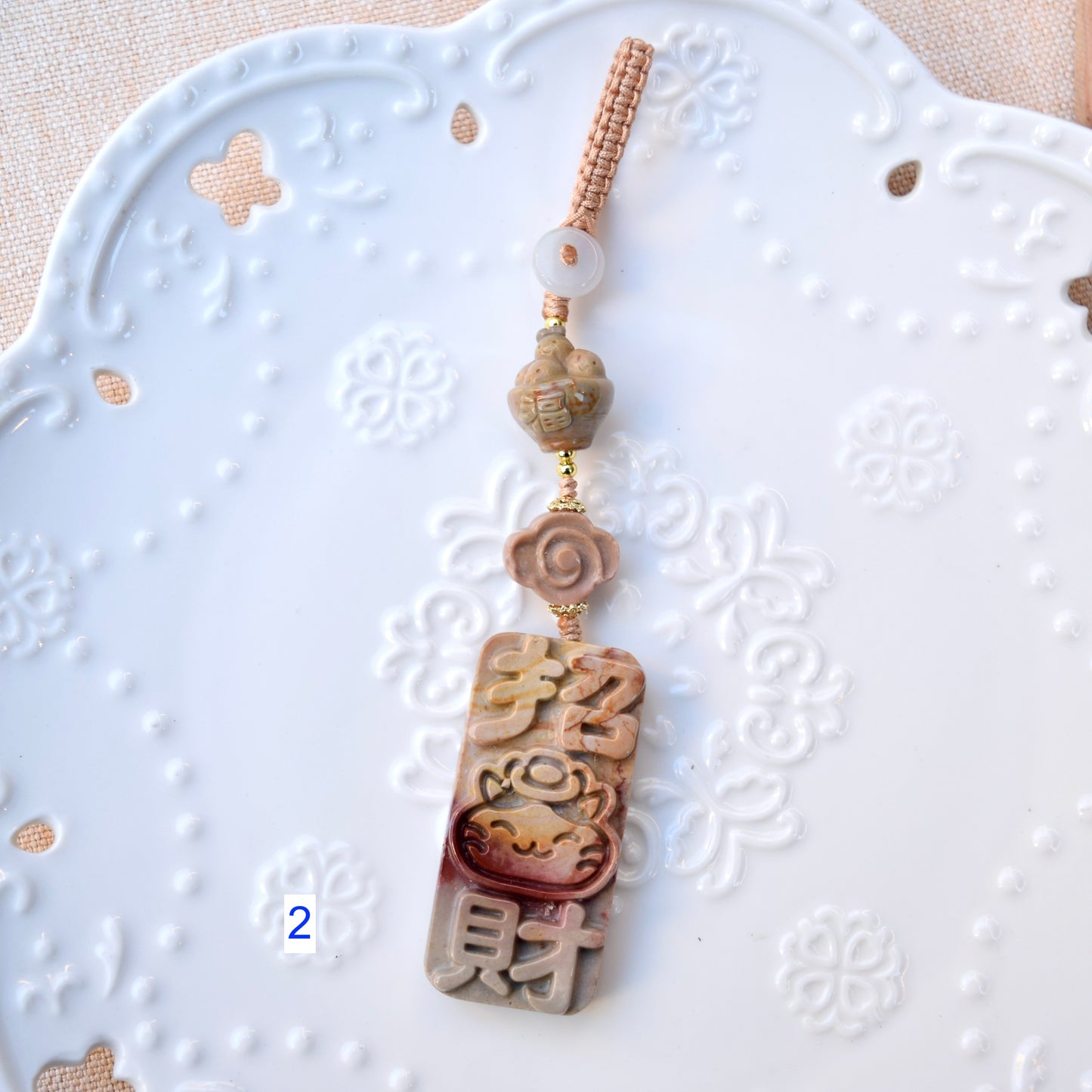 Lucky Cat Daruma Doll Ornament - Colorful Jasper Bag Charm Keychain