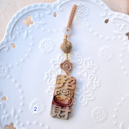 Lucky Cat Daruma Doll Ornament - Colorful Jasper Bag Charm Keychain