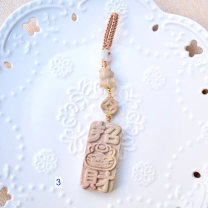 Lucky Cat Daruma Doll Ornament - Colorful Jasper Bag Charm Keychain