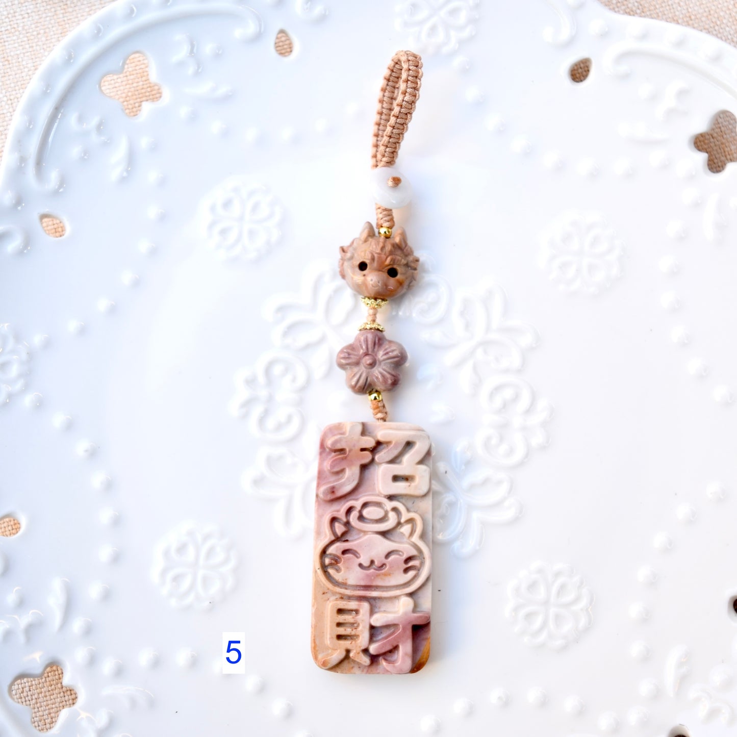 Lucky Cat Daruma Doll Ornament - Colorful Jasper Bag Charm Keychain