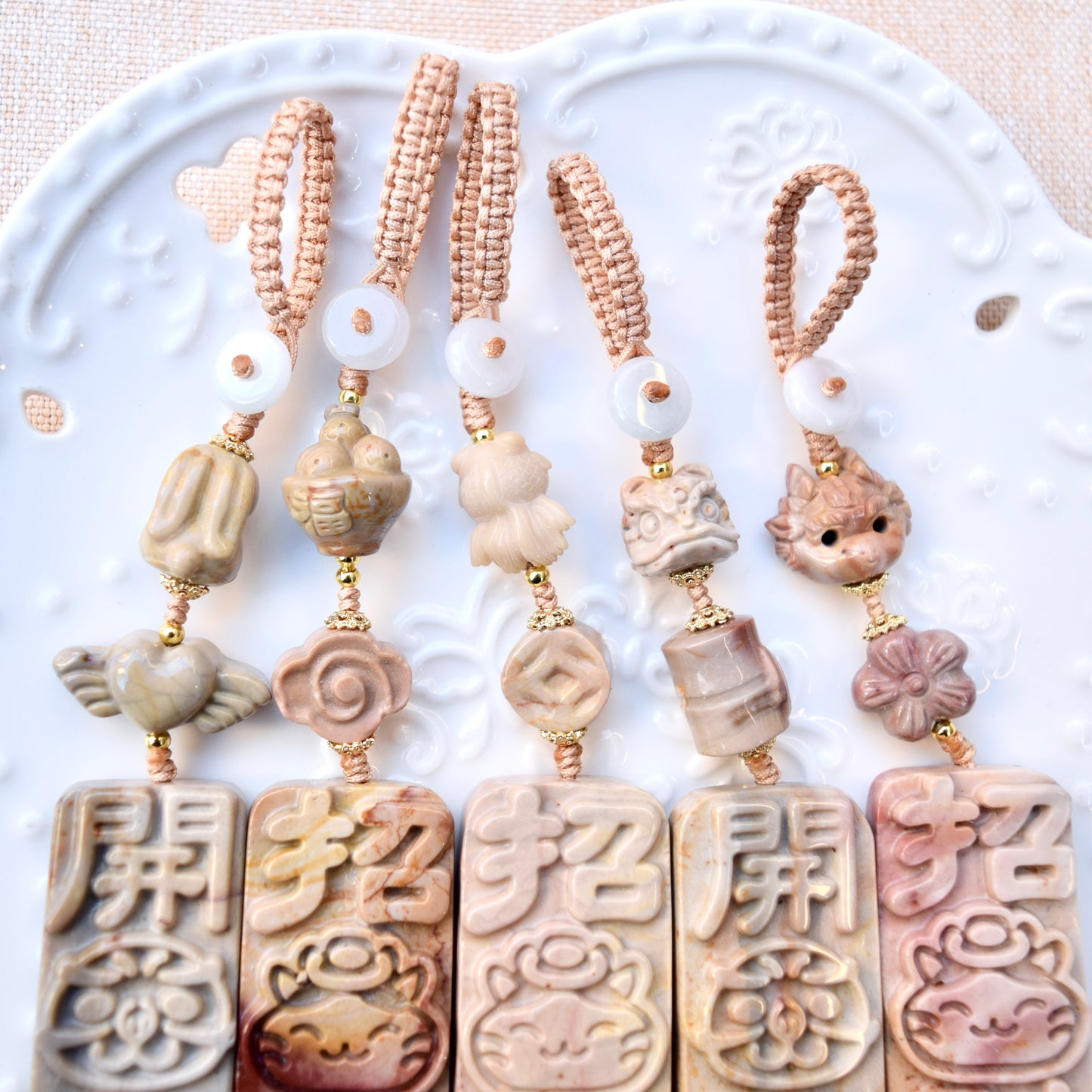 Lucky Cat Daruma Doll Ornament - Colorful Jasper Bag Charm Keychain