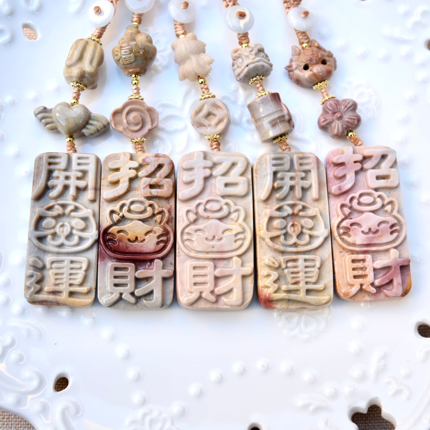 Lucky Cat Daruma Doll Ornament - Colorful Jasper Bag Charm Keychain