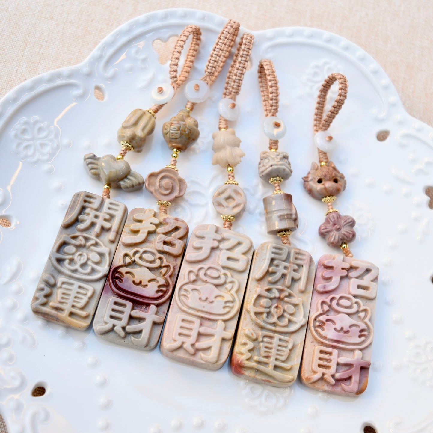 Lucky Cat Daruma Doll Ornament - Colorful Jasper Bag Charm Keychain