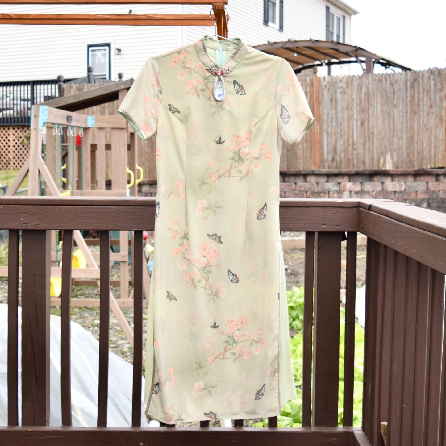 Green Butterfly Mesh Aodai Qipao Dress - Chinese Traditional Cheongsam