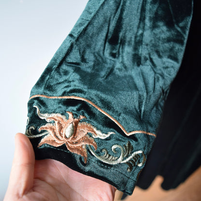 Green Velvet Flower Embroidered Qipao Midi Dress - Chinese Cheongsam