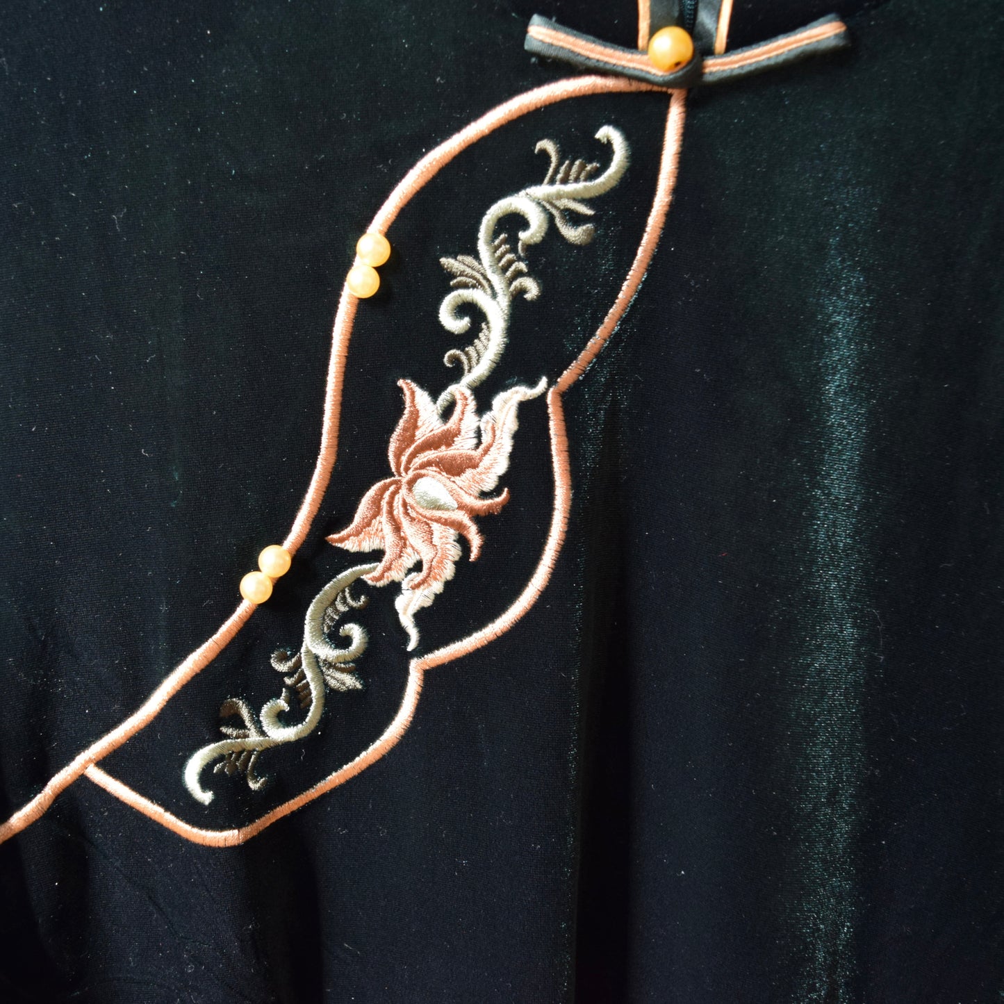 Green Velvet Flower Embroidered Qipao Midi Dress - Chinese Cheongsam