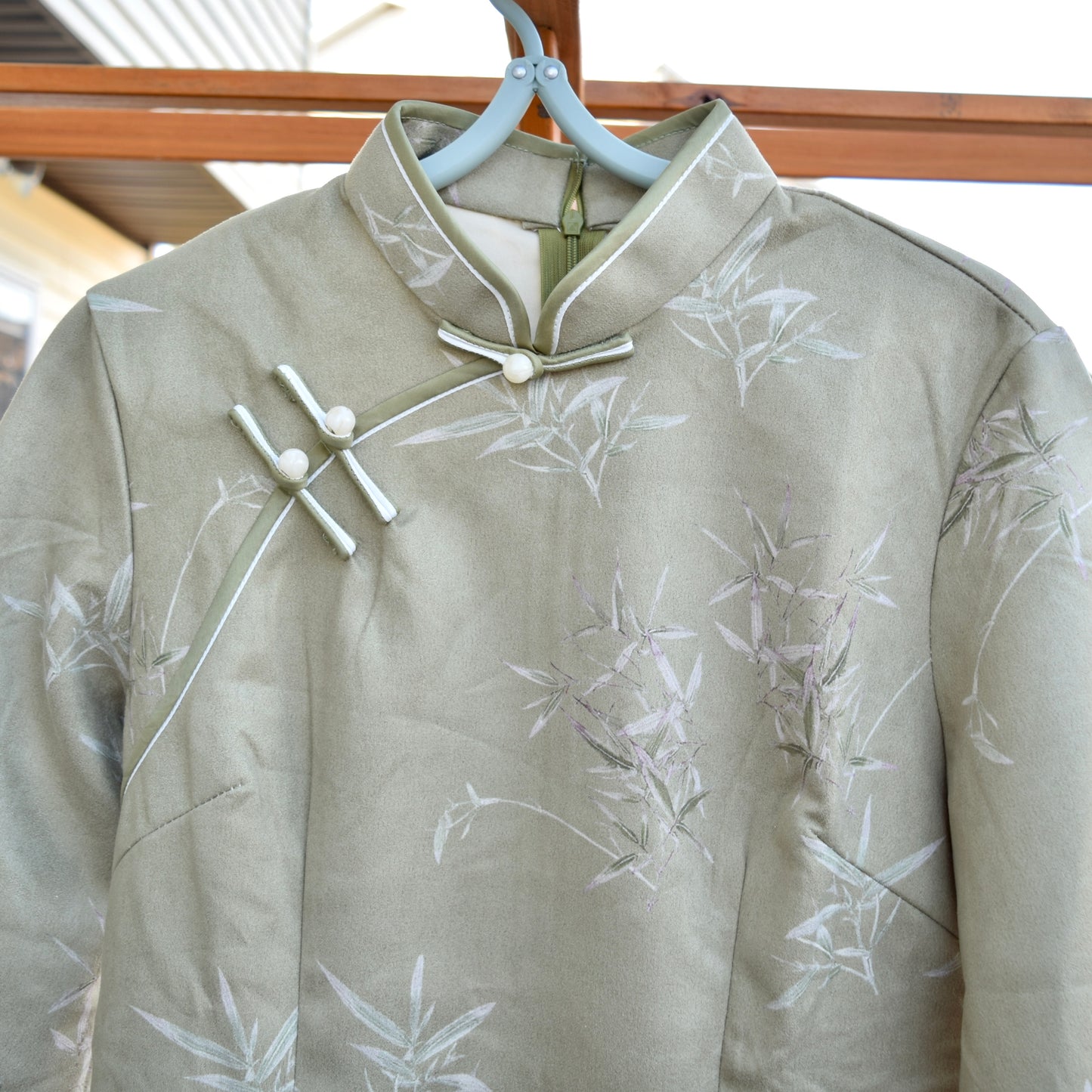 Green Bamboo Qipao Midi Faux Suedue Dress - Chinese Traditional Cheongsam