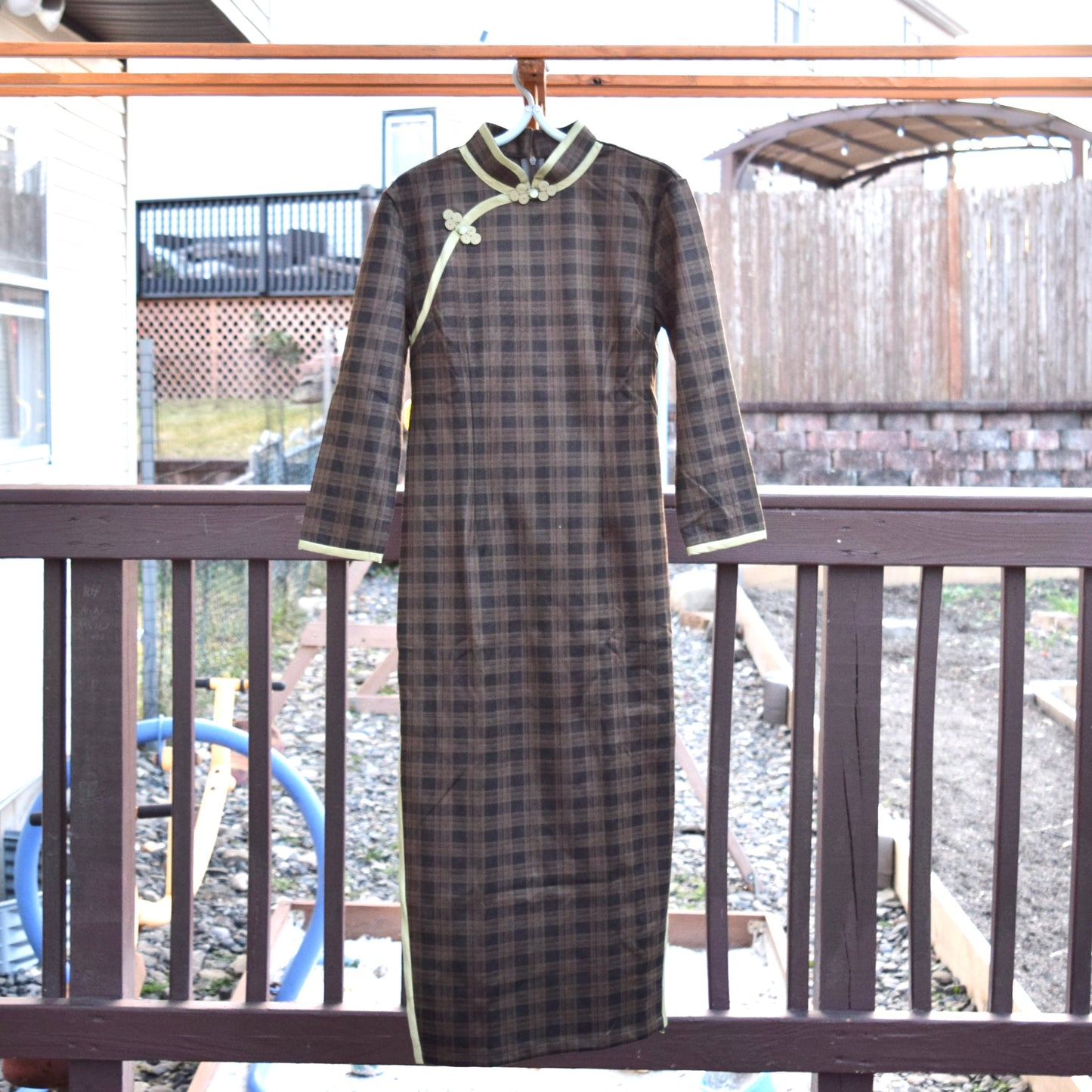 Brown Green Plaid Qipao Midi Dress - Chinese Traditional Cheongsam