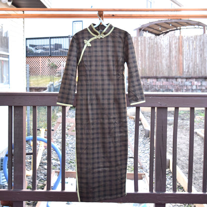 Brown Green Plaid Qipao Midi Dress - Chinese Traditional Cheongsam
