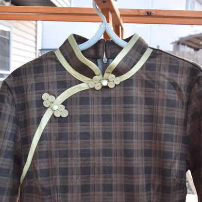 Brown Green Plaid Qipao Midi Dress - Chinese Traditional Cheongsam