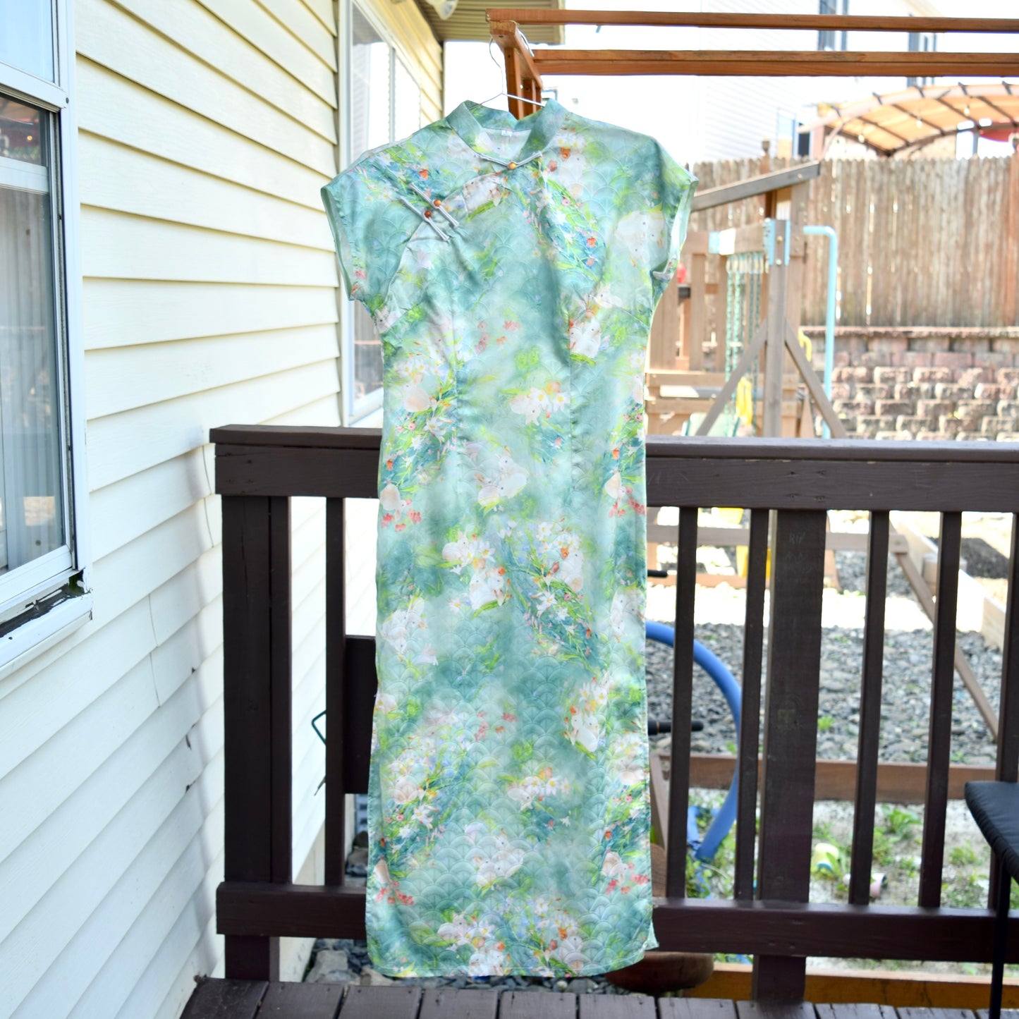 Green Rabbit Printed Qipao Long Dress - Chinese Traditional Cheongsam