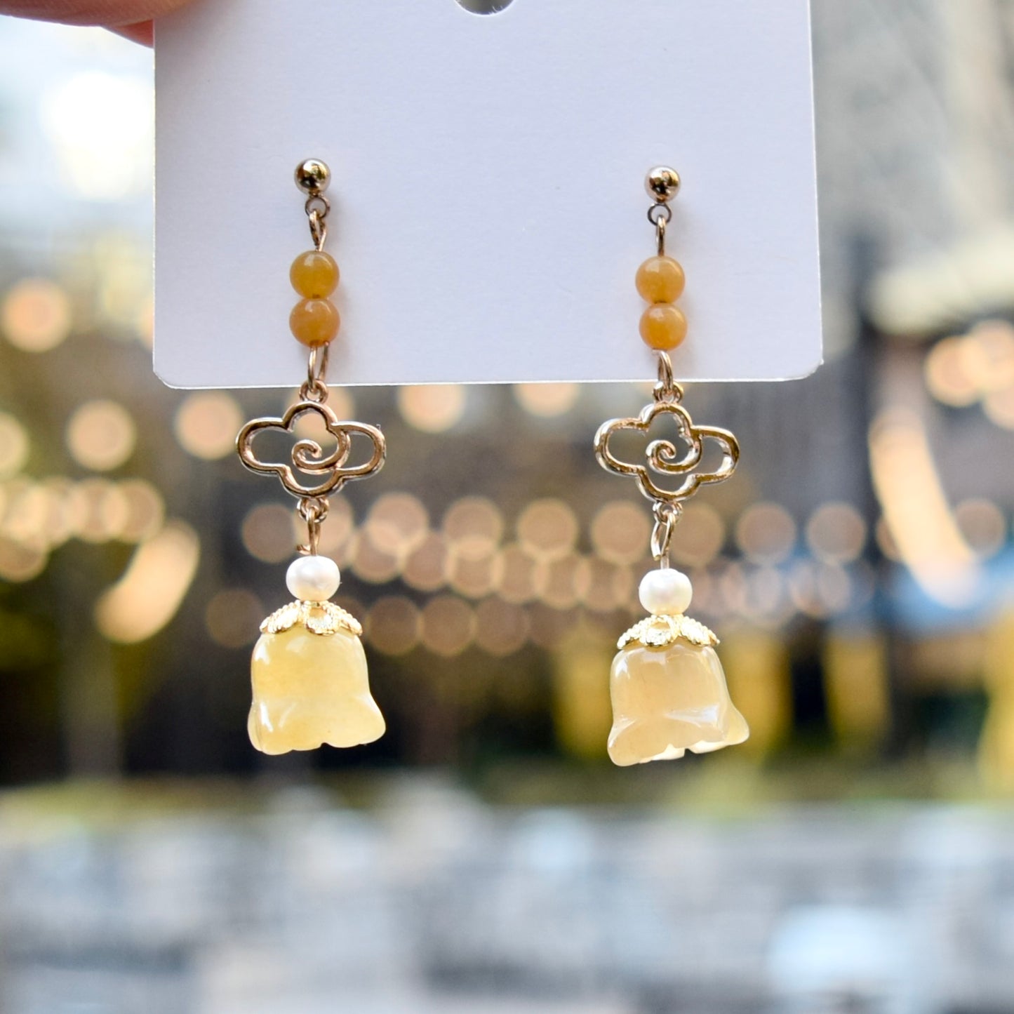 Lily of valley Bud Earrings - Orange Yellow Jade