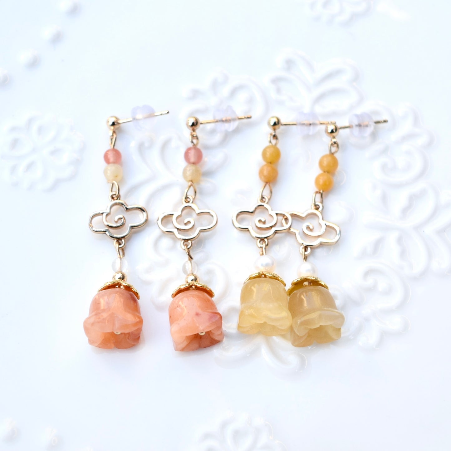 Lily of valley Bud Earrings - Orange Yellow Jade