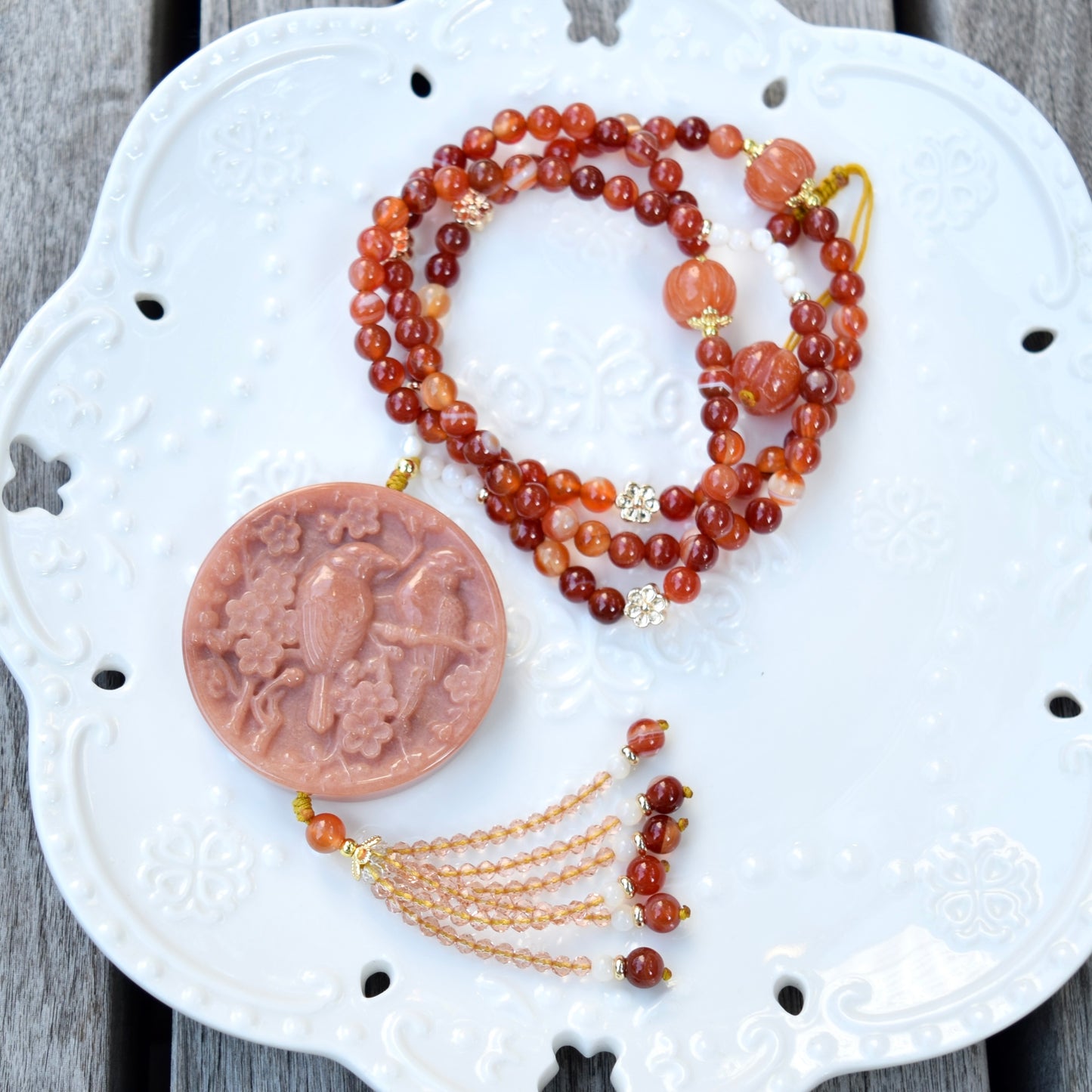 Magpies Plum Blossom Necklace - Orange Red Jade Stone Necklace