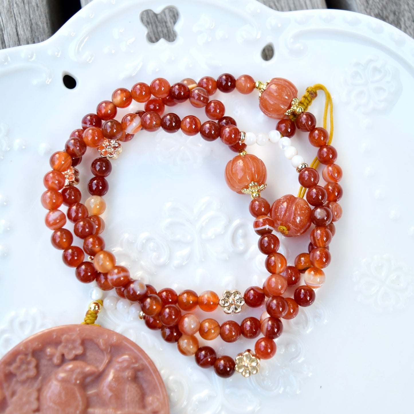 Magpies Plum Blossom Necklace - Orange Red Jade Stone Necklace