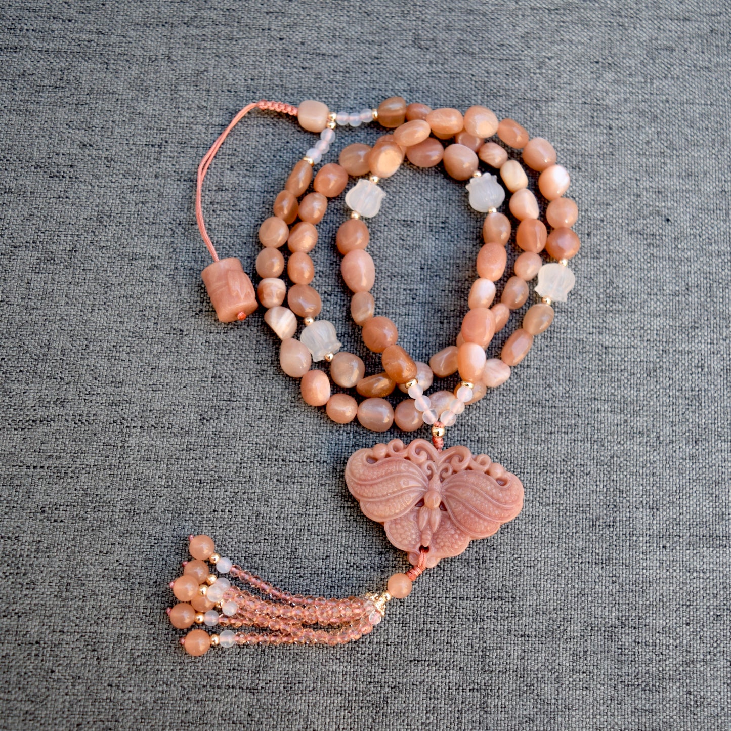 Orange Jade Butterfly Tassel Necklace - Moonstone Beaded