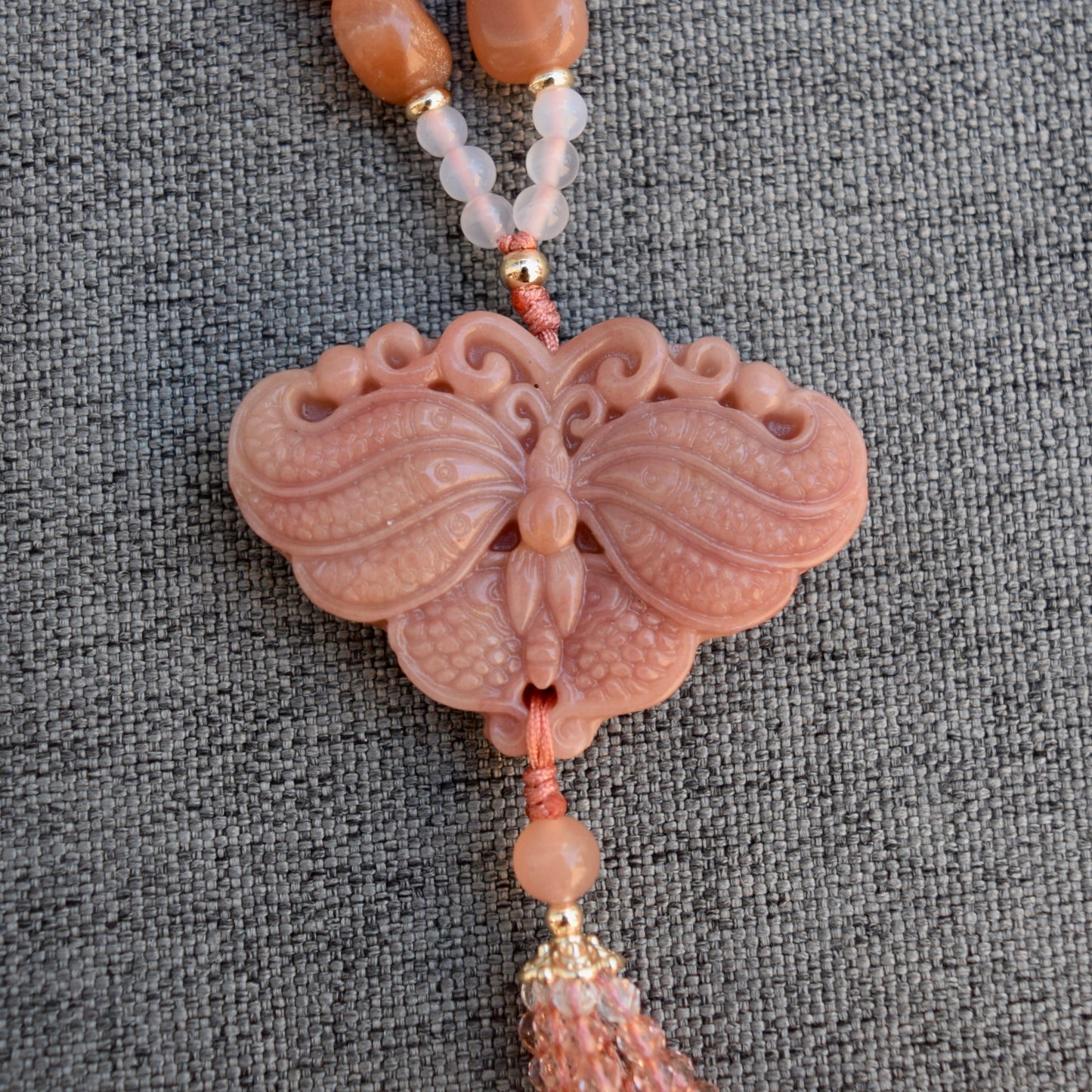 Orange Jade Butterfly Tassel Necklace - Moonstone Beaded