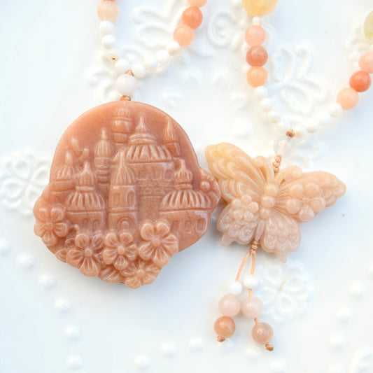 Flora Castle Butterfly Pendant Pendant Necklace - Pink jade
