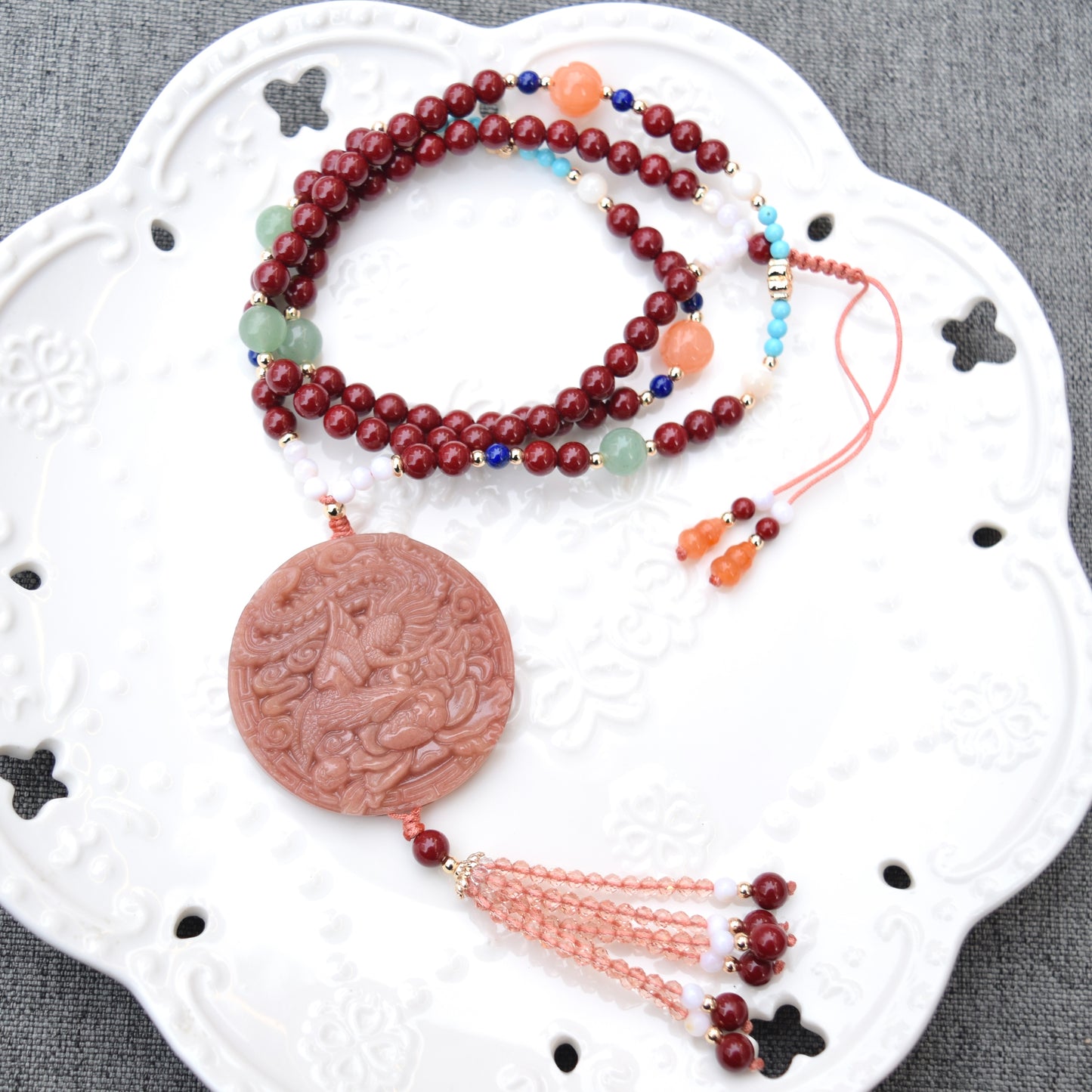 Phoenix Peony 鳳穿牡丹 Necklace - Pink Quartz Cinnabar Necklace