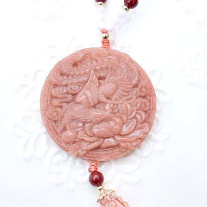 Phoenix Peony 鳳穿牡丹 Necklace - Pink Quartz Cinnabar Necklace