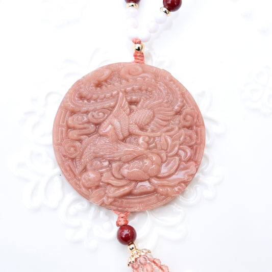Phoenix Peony 鳳穿牡丹 Necklace - Pink Quartz Cinnabar Necklace