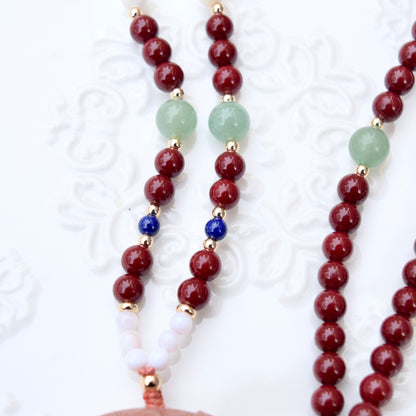 Phoenix Peony 鳳穿牡丹 Necklace - Pink Quartz Cinnabar Necklace