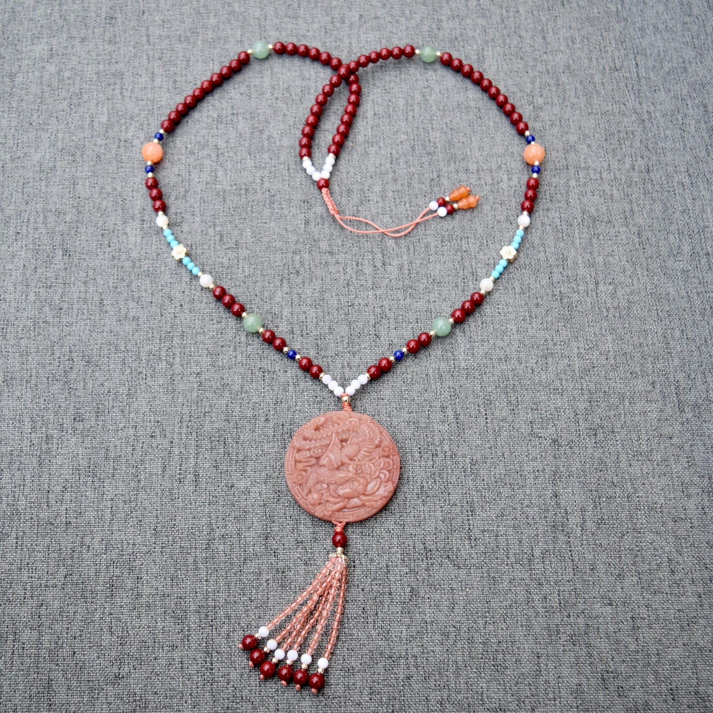 Phoenix Peony 鳳穿牡丹 Necklace - Pink Quartz Cinnabar Necklace