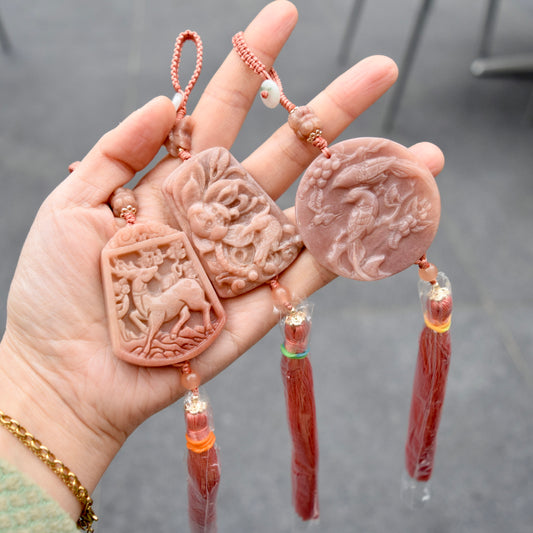 Pink Deer Flora Bird Bag Charm Keychain - Tassel Hanging Ornament - Jade Stone