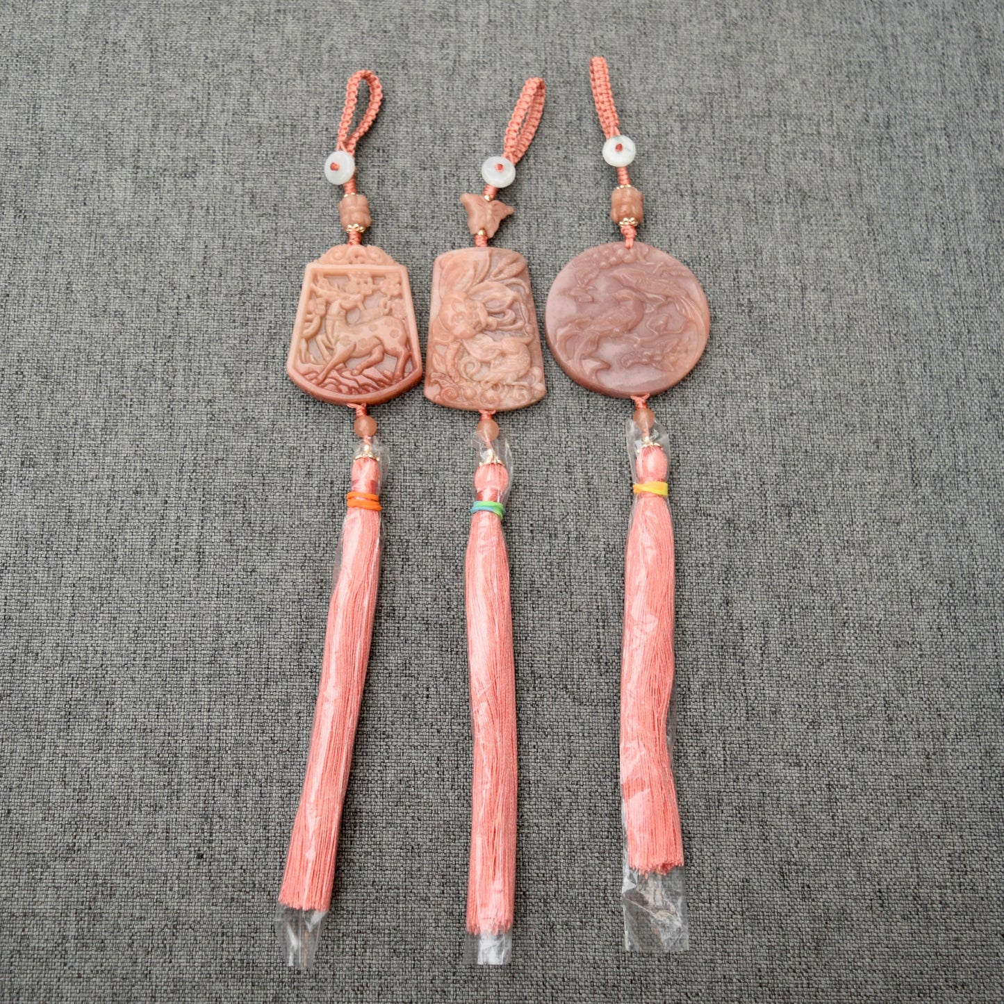 Pink Deer Flora Bird Bag Charm Keychain - Tassel Hanging Ornament - Jade Stone
