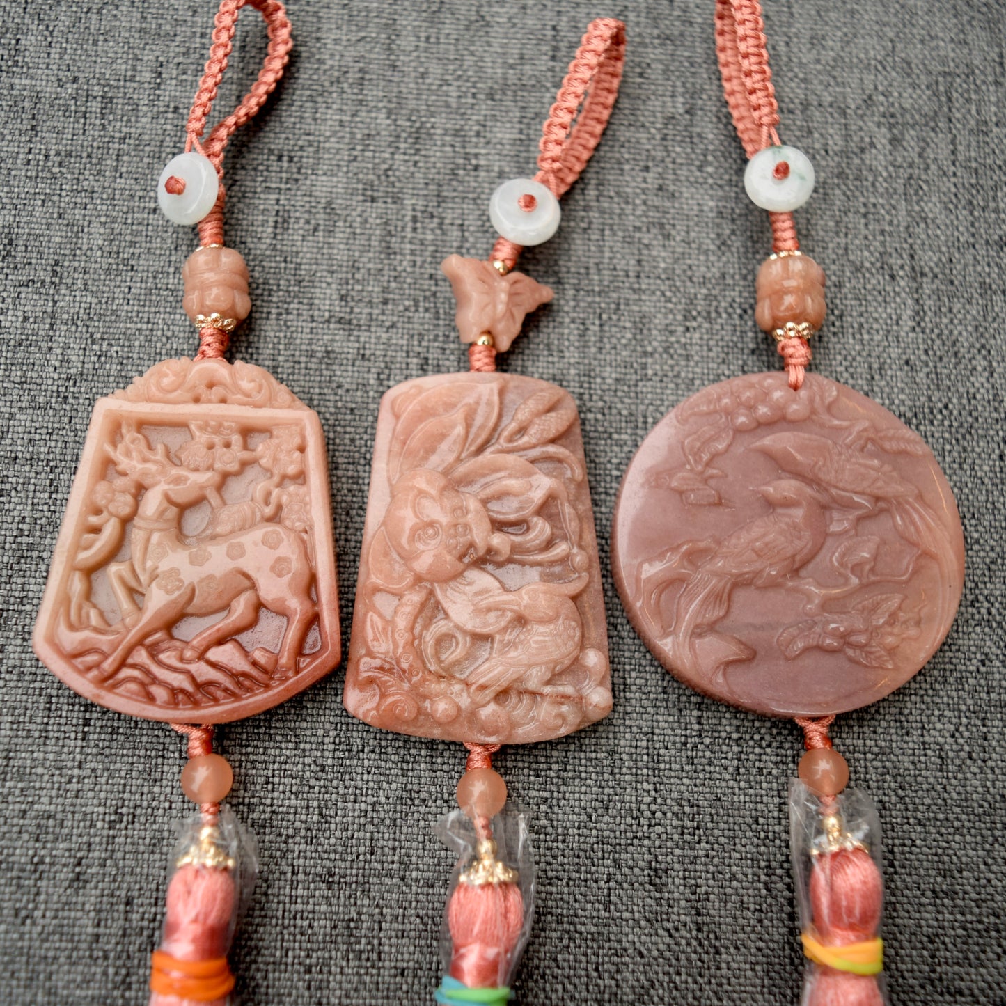 Pink Deer Flora Bird Bag Charm Keychain - Tassel Hanging Ornament - Jade Stone