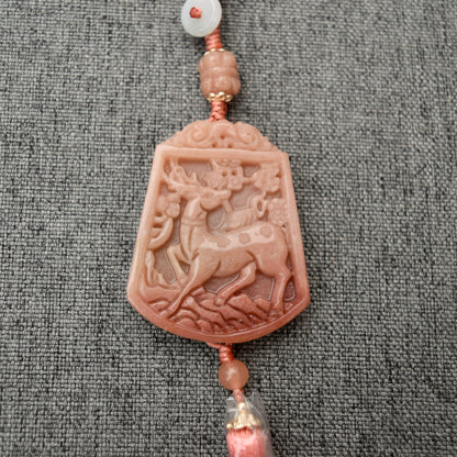 Pink Deer Flora Bird Bag Charm Keychain - Tassel Hanging Ornament - Jade Stone