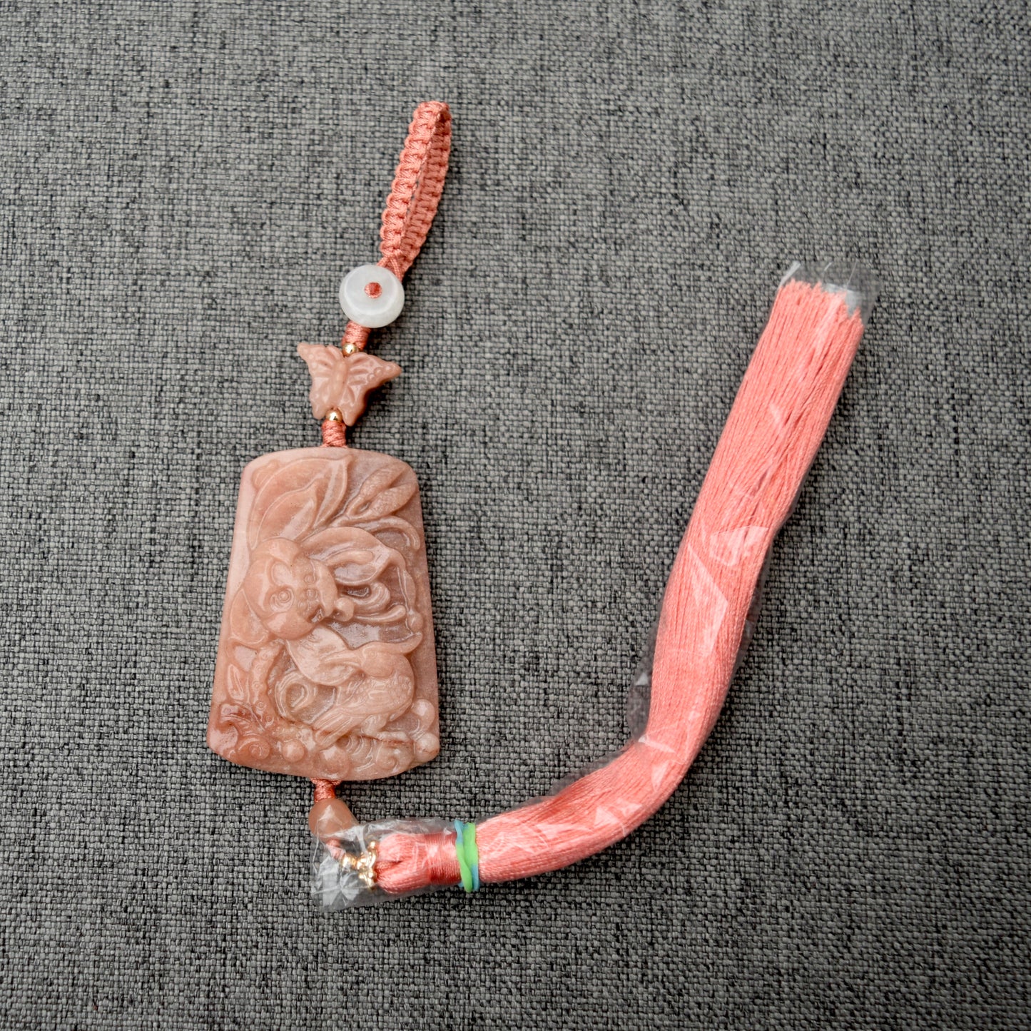 Pink Deer Flora Bird Bag Charm Keychain - Tassel Hanging Ornament - Jade Stone
