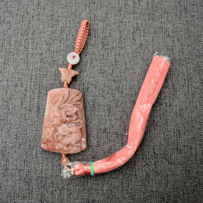 Pink Deer Flora Bird Bag Charm Keychain - Tassel Hanging Ornament - Jade Stone