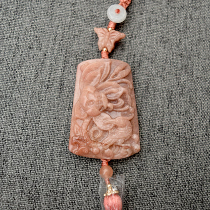 Pink Deer Flora Bird Bag Charm Keychain - Tassel Hanging Ornament - Jade Stone