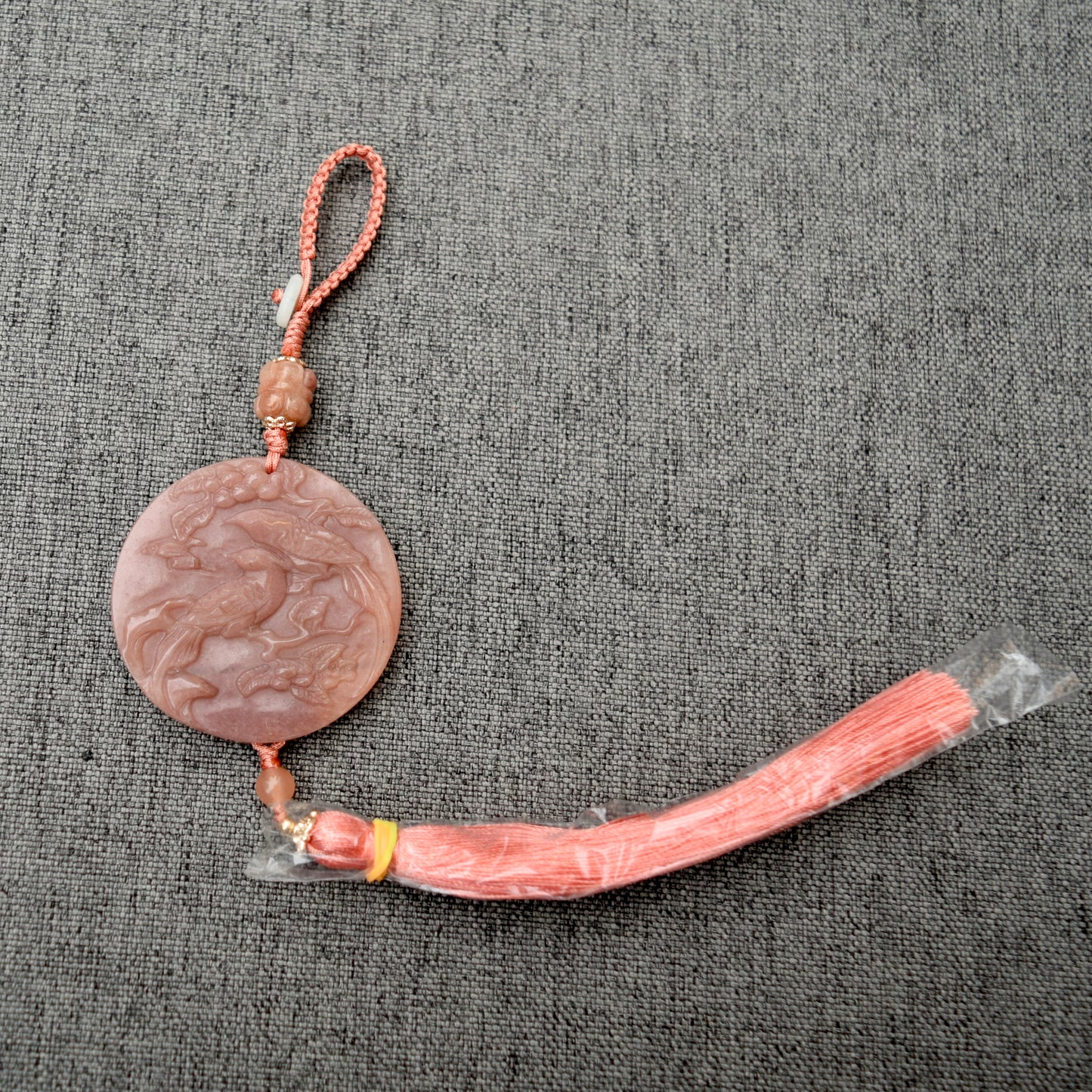 Pink Deer Flora Bird Bag Charm Keychain - Tassel Hanging Ornament - Jade Stone