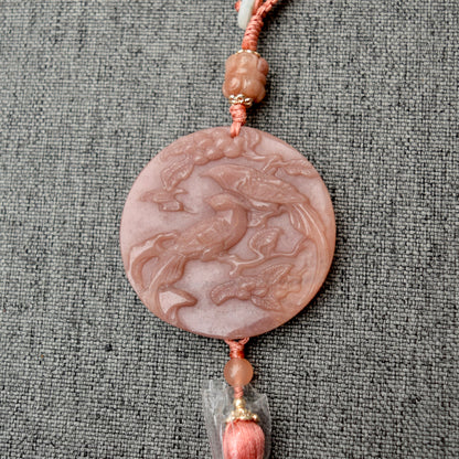 Pink Deer Flora Bird Bag Charm Keychain - Tassel Hanging Ornament - Jade Stone