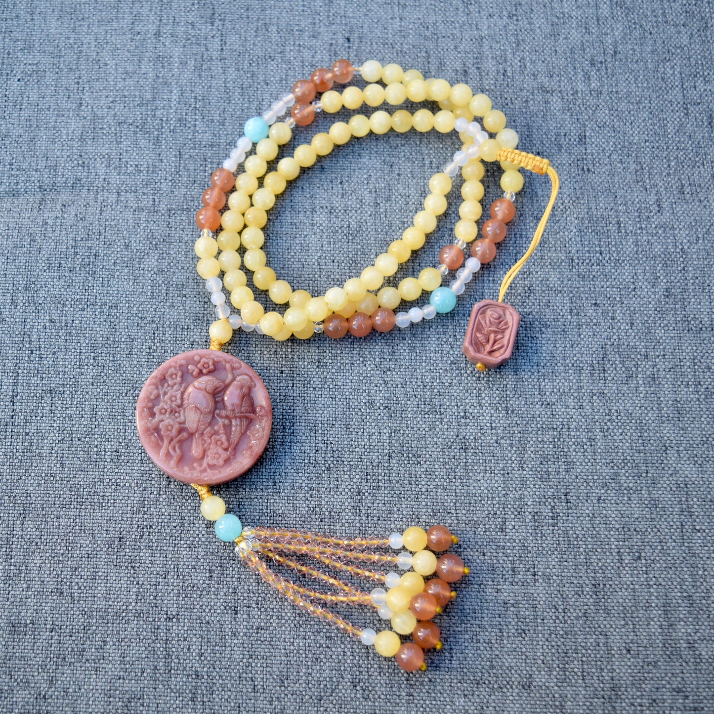 Magpies Plum Blossom Pendant Necklace - Dark Pink Quartz Jade