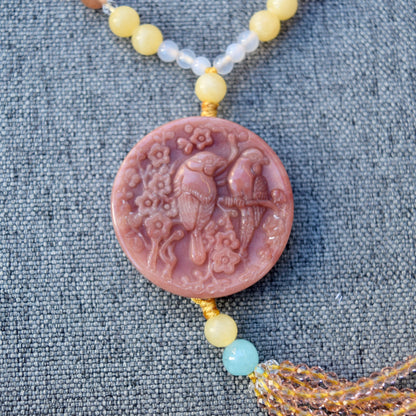Magpies Plum Blossom Pendant Necklace - Dark Pink Quartz Jade