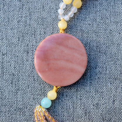 Magpies Plum Blossom Pendant Necklace - Dark Pink Quartz Jade