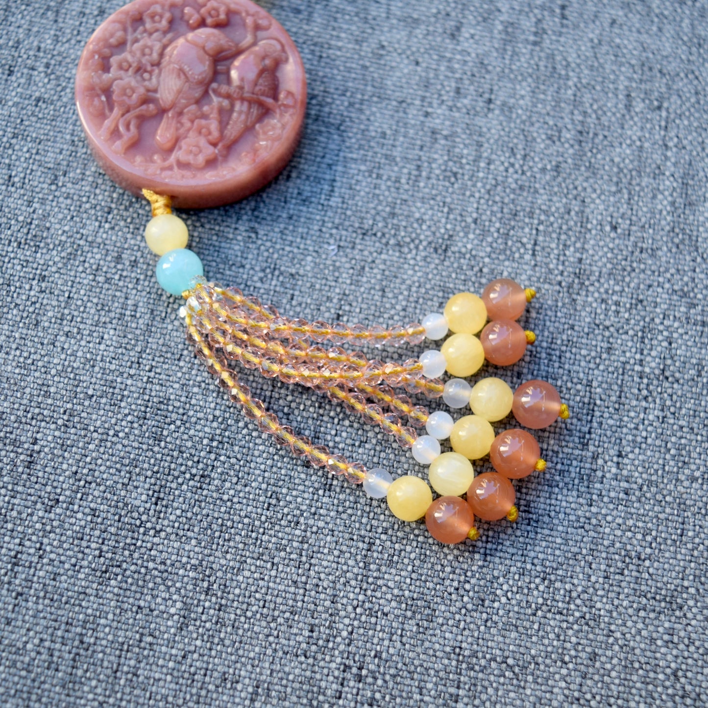 Magpies Plum Blossom Pendant Necklace - Dark Pink Quartz Jade