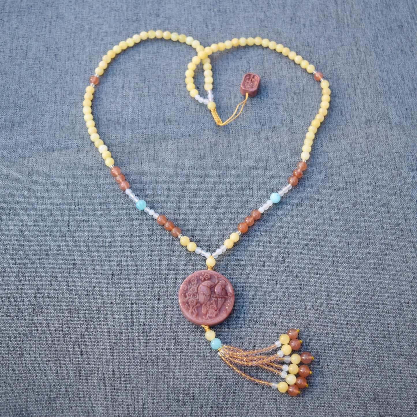 Magpies Plum Blossom Pendant Necklace - Dark Pink Quartz Jade