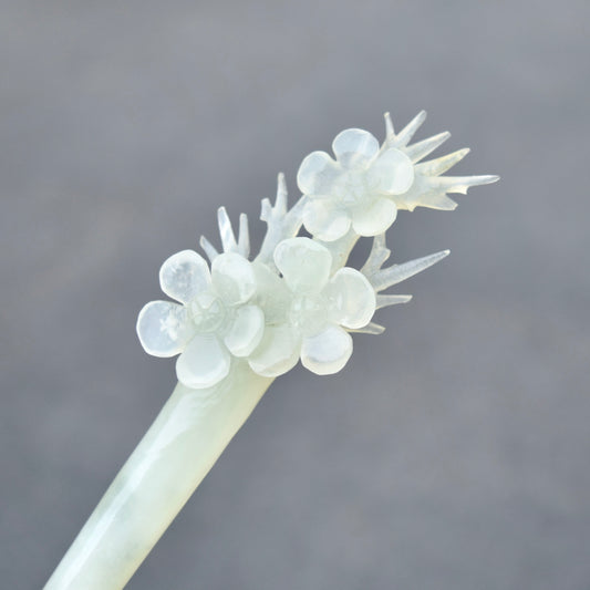 Green Icy Plum Blossom Carved Hairpin - Serpentine Jade Hair Stick