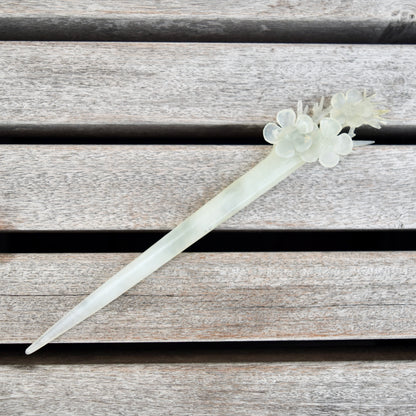 Green Icy Plum Blossom Carved Hairpin - Serpentine Jade Hair Stick