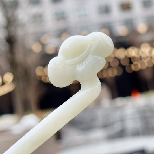 White Ruyi Carved Hairpin - Serpentine Jade Hair Stick 如意髮簪
