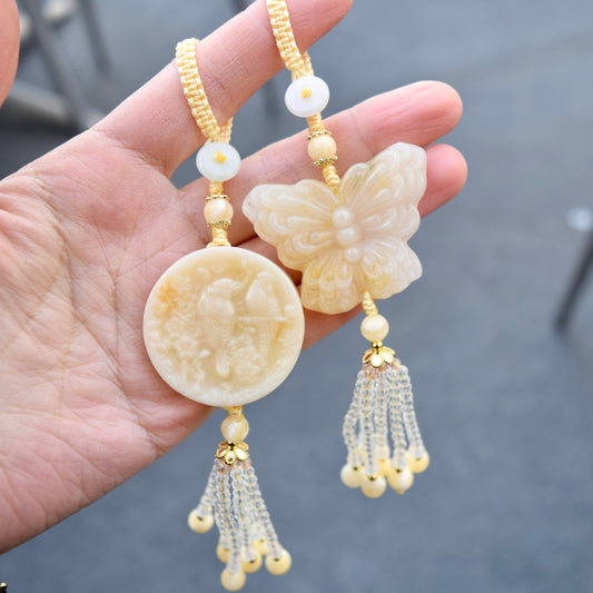 Yellow Magpie Butterfly Charm Tassel Ornament - Chinese Jade Bag Charm