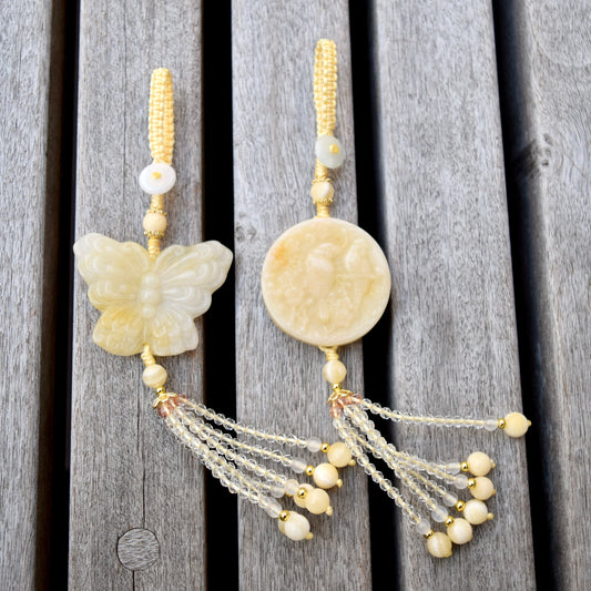 Yellow Magpie Butterfly Charm Tassel Ornament - Chinese Jade Bag Charm