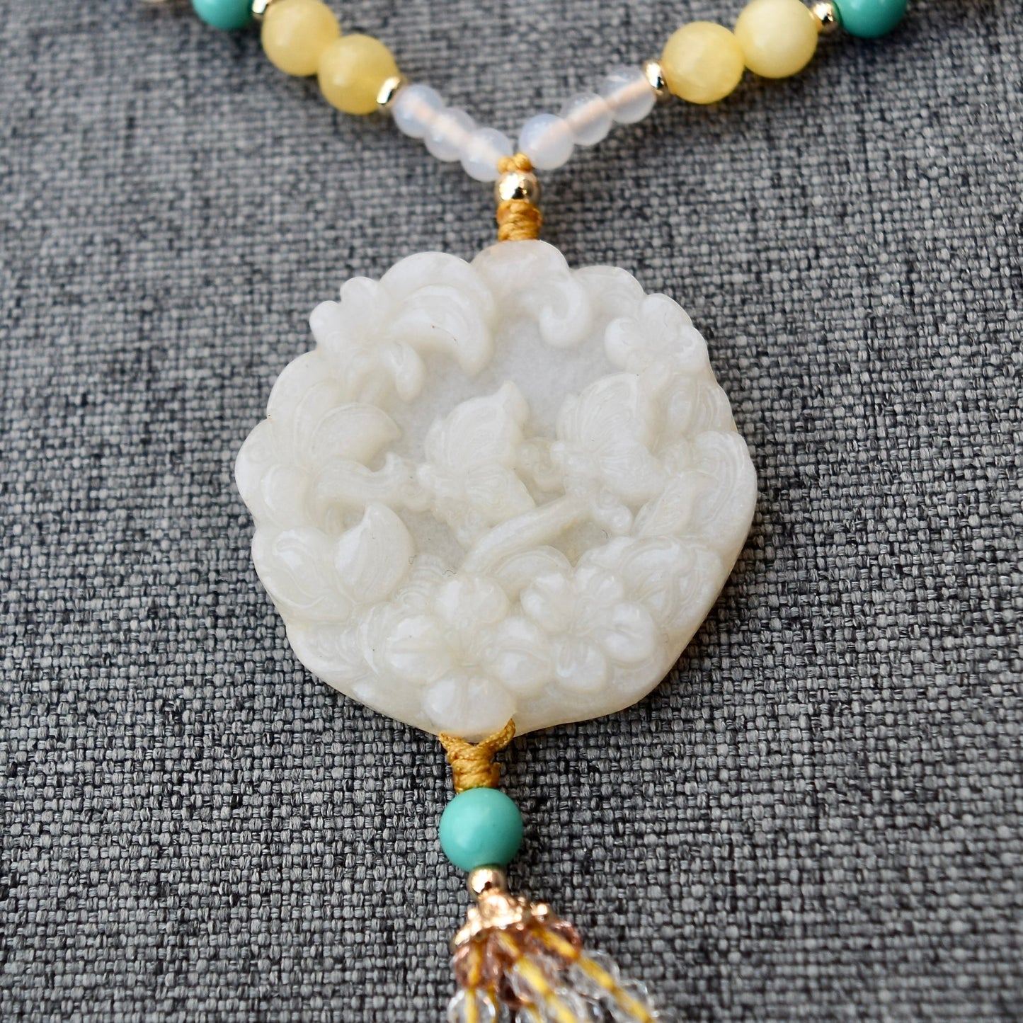 Jade Butterfly Flower Pendant Yellow Necklace
